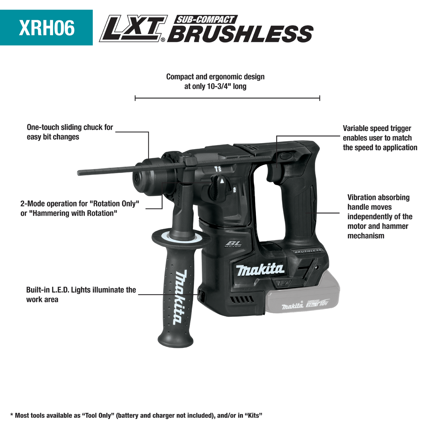 Makita XRH06ZB 18V LXT® Lithium‑Ion Sub‑Compact Brushless Cordless 11/16" SDS‑PLUS Rotary Hammer, Tool Only