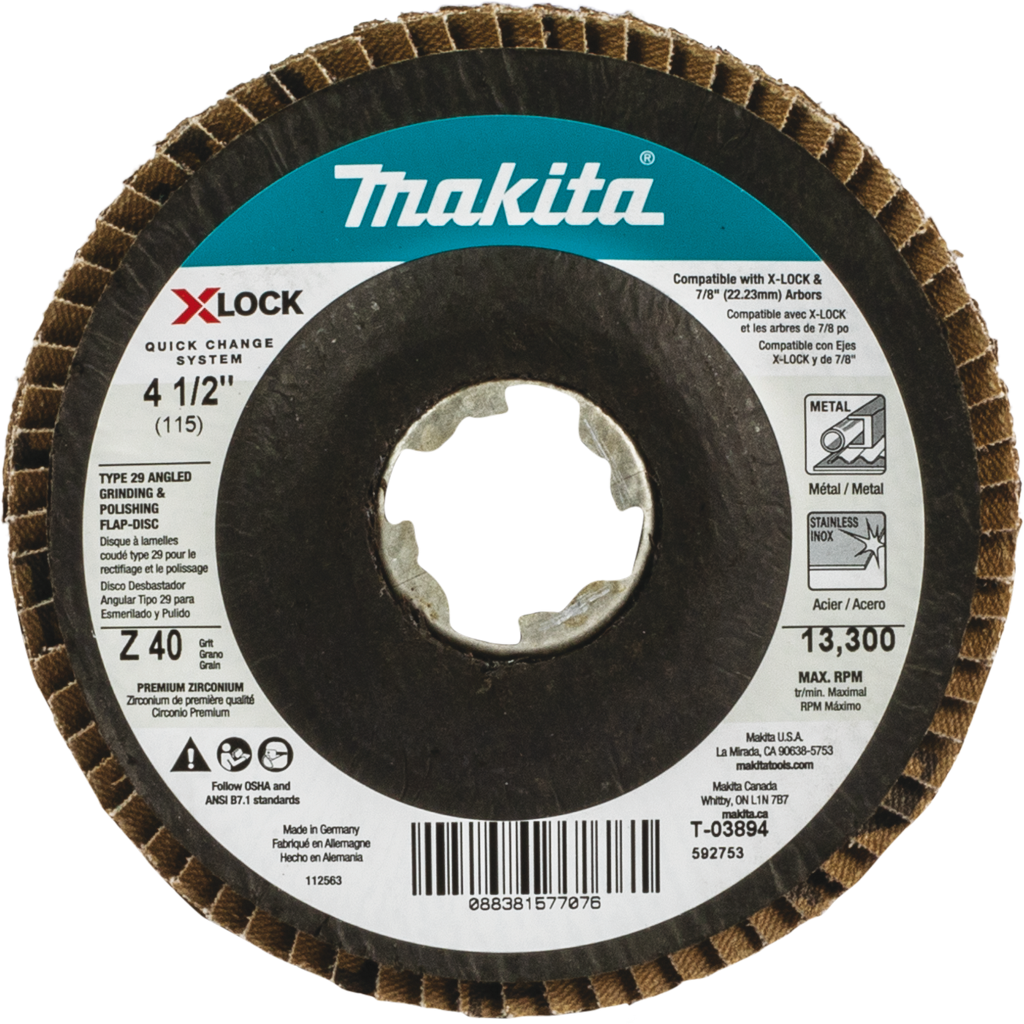 Makita T-03894 X‑LOCK 4‑1/2" 40 Grit Type 29 Angled Grinding and Polishing Flap Disc for X‑LOCK and All 7/8" Arbor Grinders