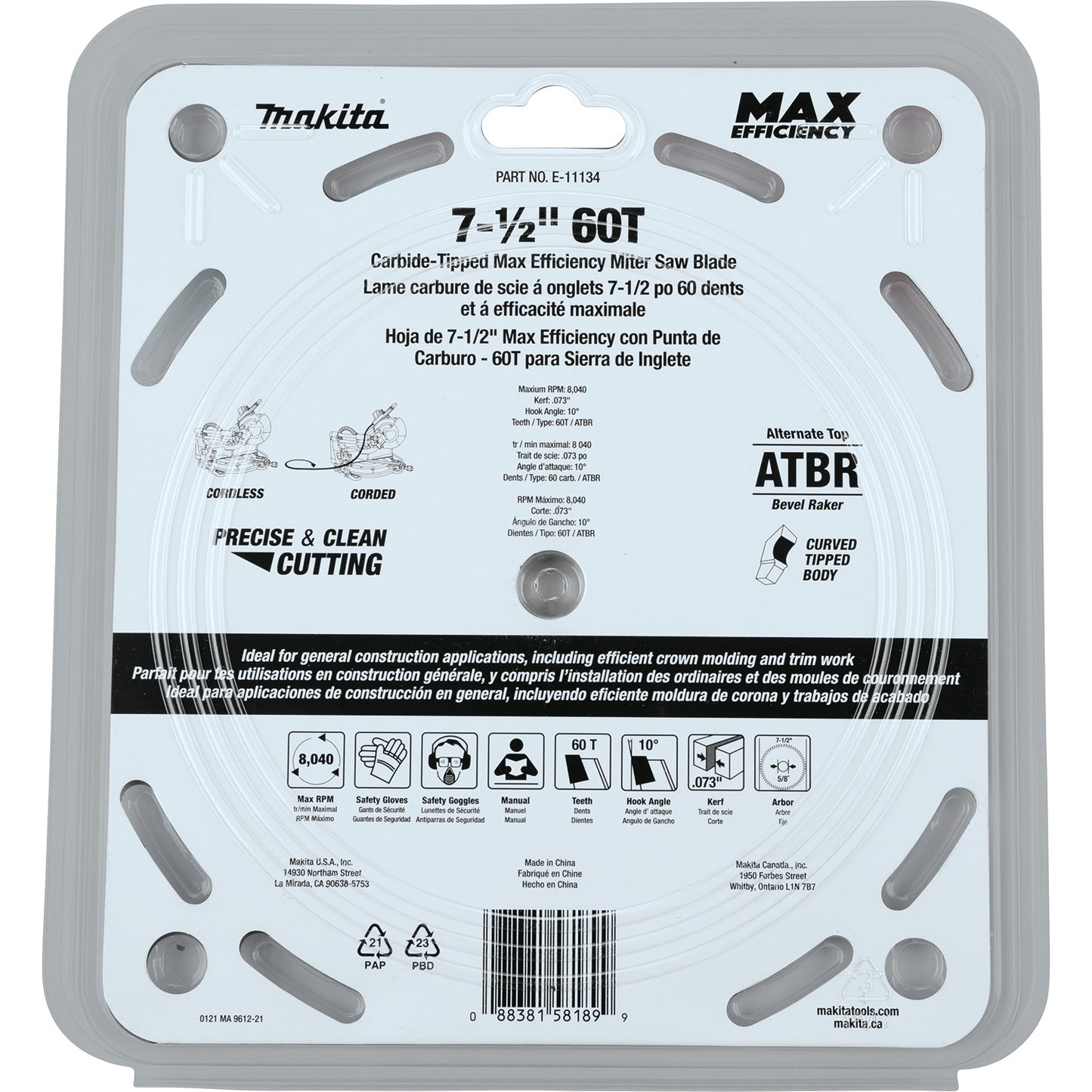 Makita E-11134 7‑1/2" 60T Carbide‑Tipped Max Efficiency Miter Saw Blade