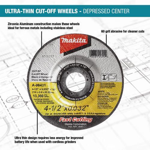Makita A-96431 4‘1/2" x .032" x 7/8" Depressed Center Ultra Thin Cut‘Off Wheel, Stainless