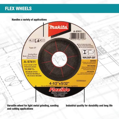 Makita A-97411-25 4‑1/2" x 5/32" x 7/8" INOX Flex Grinding Wheel, 36 Grit, 25/pk