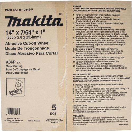 Makita B-10849-5 14" x 7/64" x 1" Abrasive Cut‑Off Wheel, 5/pk