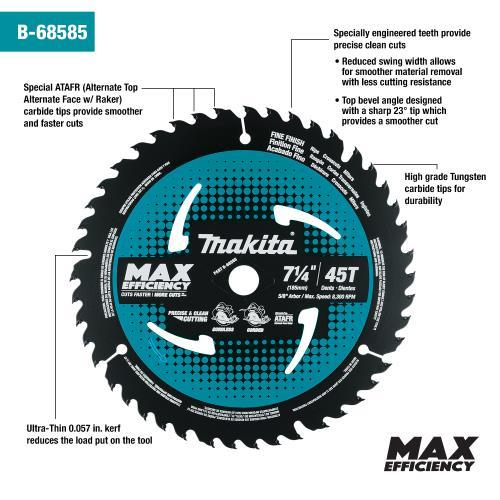 Makita B-68585 7‑1/4" 45T Carbide‑Tipped Max Efficiency Saw Blade, Fine Crosscutting