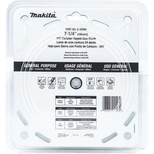 Makita D-45989 7‑1/4" 24T Carbide‑Tipped Circular Saw Blade, Framing/General Purpose