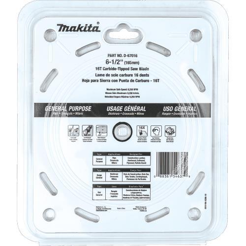Makita D-67016 6‑1/2" 16T Carbide‑Tipped Circular Saw Blade, Framing