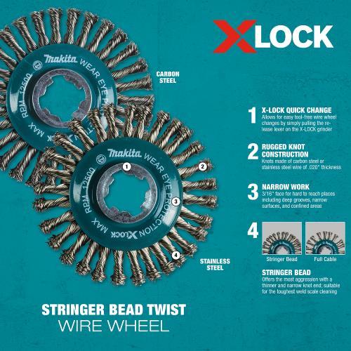Makita D-72659 X‑LOCK 4‑1/2" Carbon Steel Stringer Bead Twist Wire Wheel