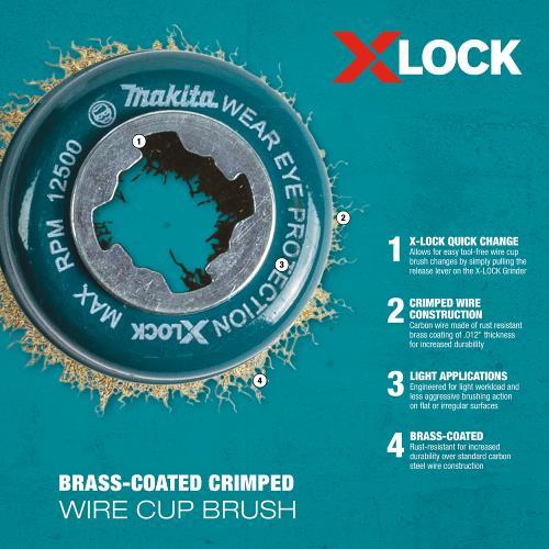 Makita D-72671 X‑LOCK 3" Brass Coated Carbon Steel Crimped Wire Cup Brush