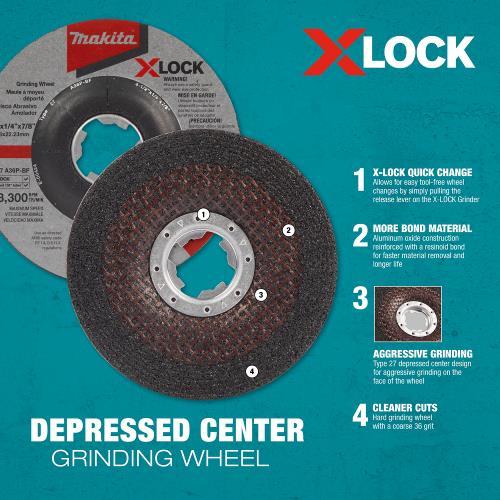 Makita E-00452 X‑LOCK 5" x 1/4" x 7/8" Type 27 General Purpose 36 Grit Metal Abrasive Grinding Wheel
