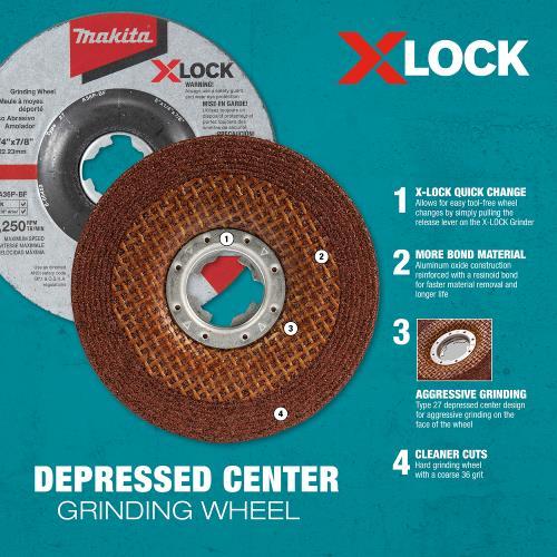 Makita E-00468 X‑LOCK 5" x 1/4" x 7/8" Type 27 General Purpose 36 Grit Abrasive Grinding Wheel for Metal & Stainless Steel Grinding