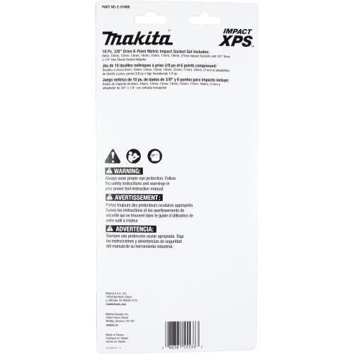 Makita E-01688 Impact XPS® 10 Pc. 3/8" Drive 6‑Point Metric Impact Socket Set w/ Standard Socket Adapter