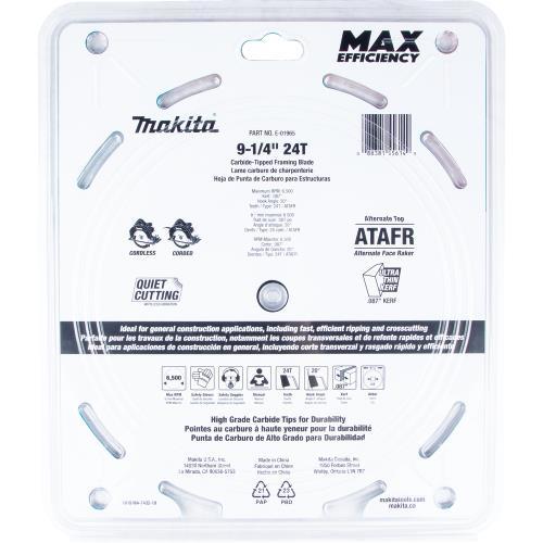 Makita E-01965 9‑1/4" 24T Carbide‑Tipped Max Efficiency Circular Saw Blade, Framing