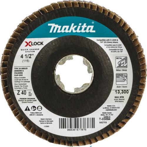 Makita T-03894-3 X‑LOCK 4‑1/2" 40 Grit Type 29 Angled Grinding and Polishing Flap Disc for X‑LOCK and All 7/8" Arbor Grinders, 3/pk