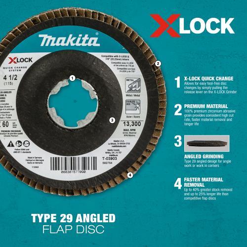 Makita T-03903 X‑LOCK 4‑1/2" 60 Grit Type 29 Angled Grinding and Polishing Flap Disc for X‑LOCK and All 7/8" Arbor Grinders