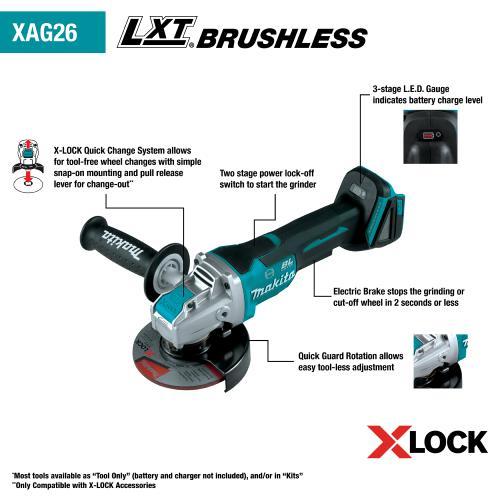 Makita XAG26Z 18V LXT® Lithium‑Ion Brushless Cordless 4‑1/2” / 5" Paddle Switch X‑LOCK Angle Grinder, with AFT®, Tool Only