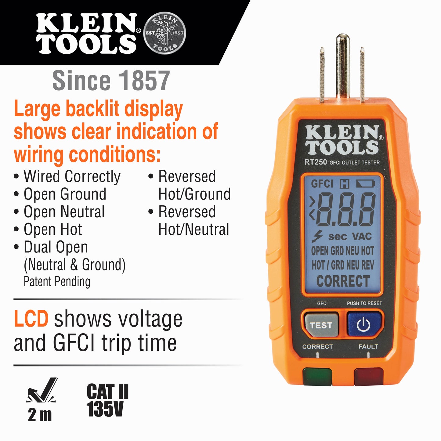 Klein Tools RT250 GFCI Receptacle Tester with LCD