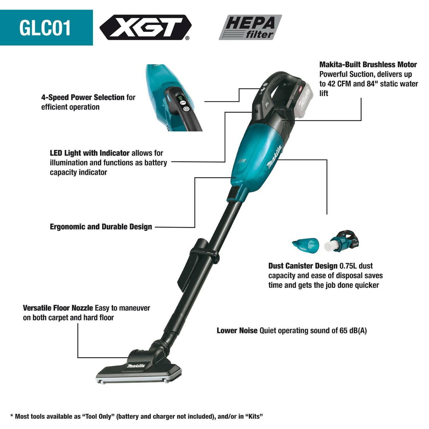 Makita GLC01Z 40V max XGT® Brushless Cordless 4‑Speed HEPA Filter Compact Stick Vacuum, Tool Only