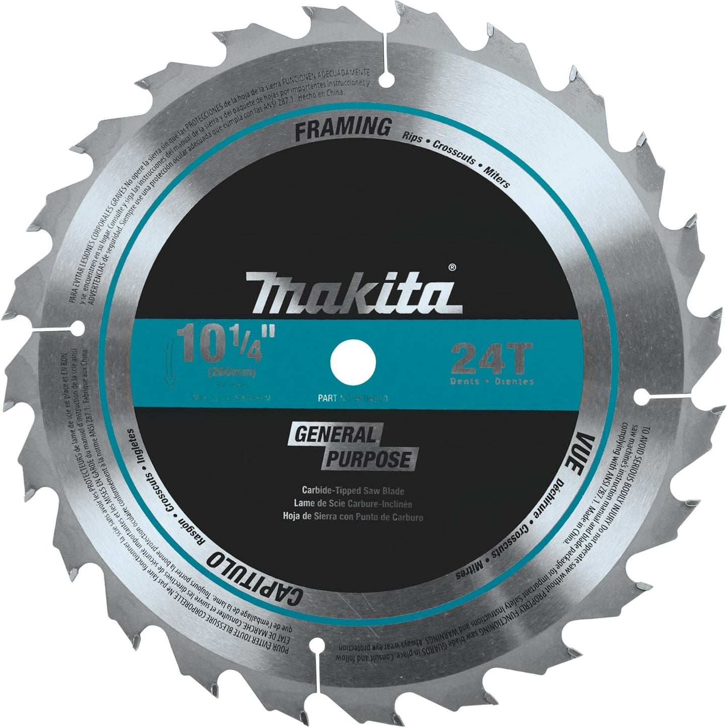 Makita A-94910 10‑1/4" 24T Carbide‑Tipped Circular Saw Blade, Framing