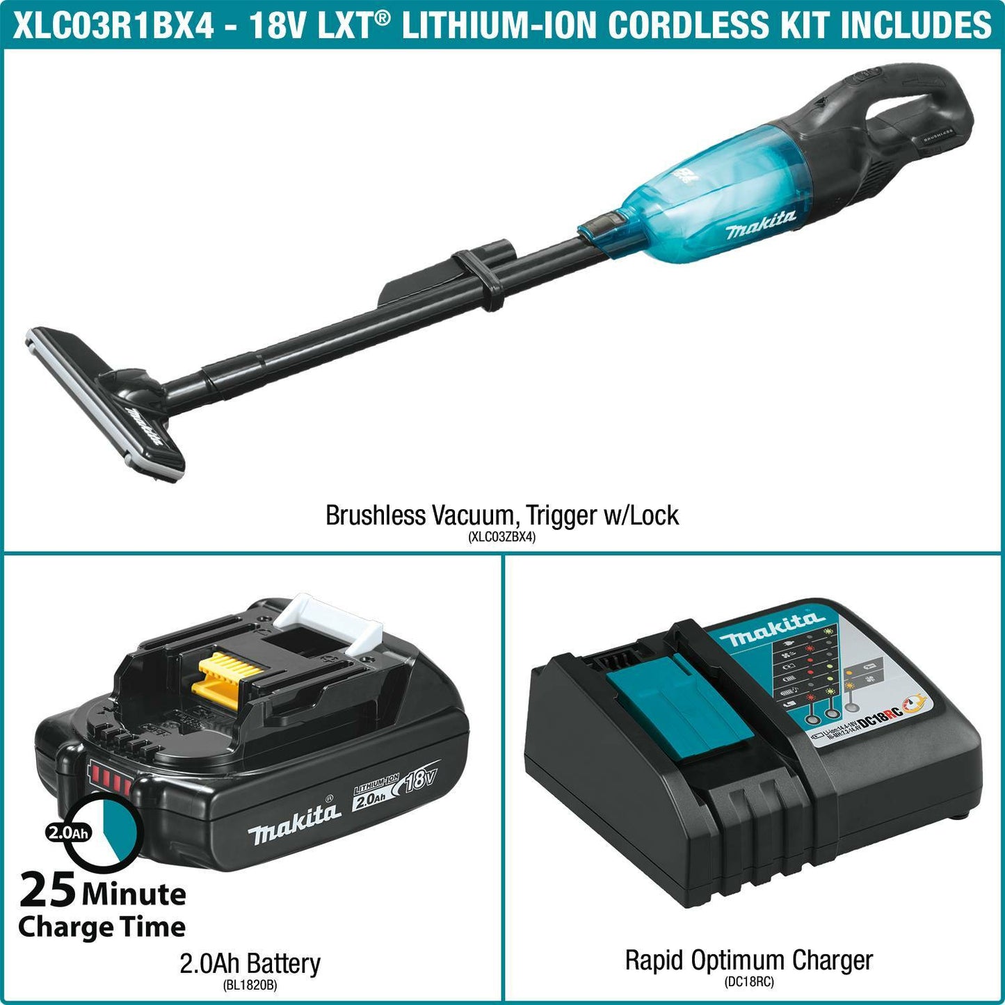 Makita XLC03R1BX4 18V LXT® Lithium‑ion Compact Brushless Cordless Vacuum Kit, Trigger w/ Lock (2.0Ah)