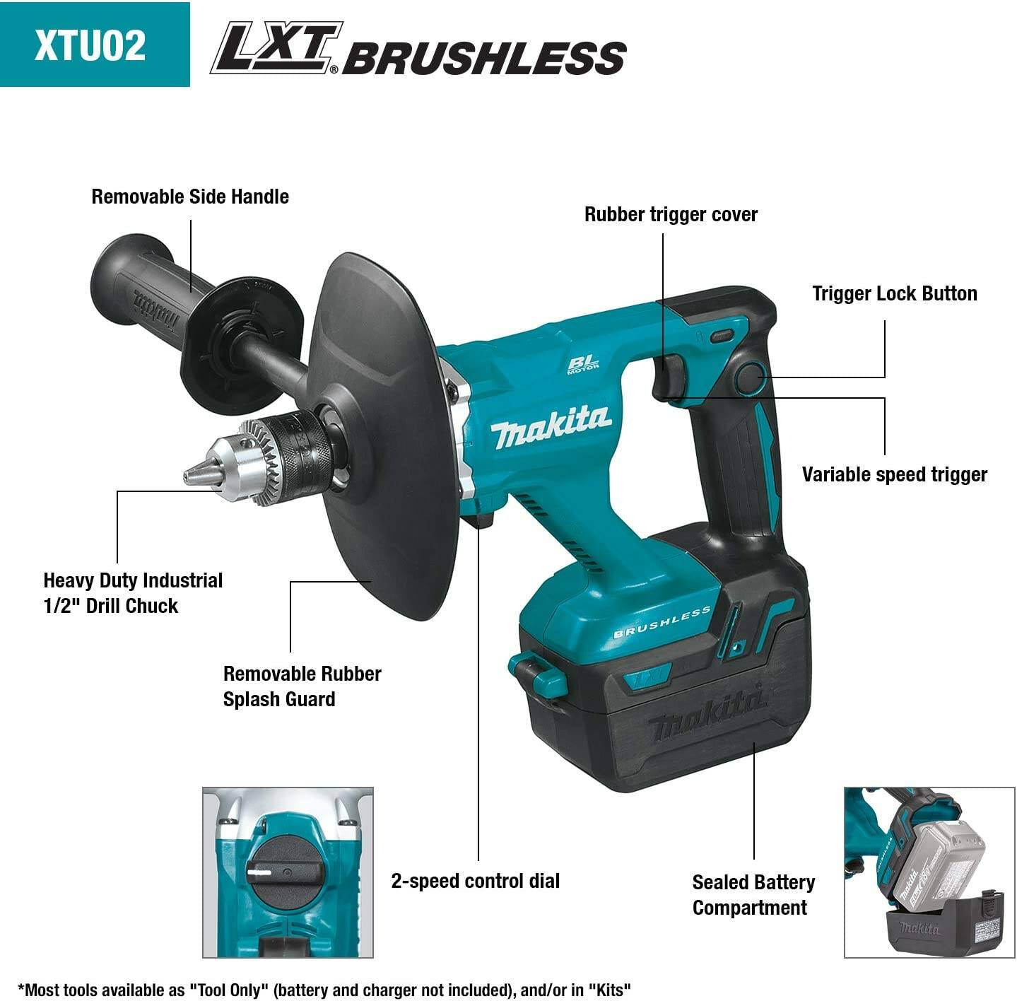 Makita XTU02Z 18V LXT® Lithium‑Ion Brushless Cordless 1/2" Mixer, Tool Only