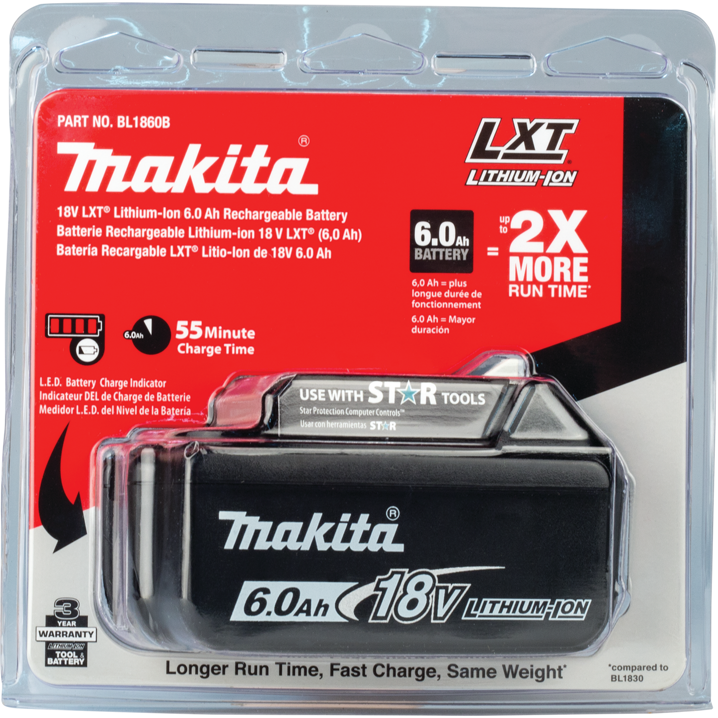 Makita BL1860B 18V LXT® Lithium‑Ion 6.0Ah Battery