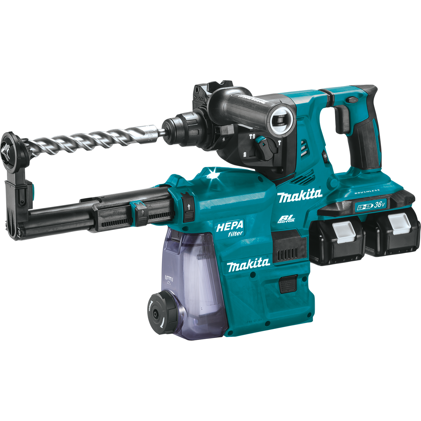 Makita XRH10PTW 36V (18V X2) LXT® Brushless 1‑1/8" SDS‑PLUS AVT® Rotary Hammer Kit, w/ HEPA Dust Extractor, AFT®, AWS® Capable (5.0Ah)