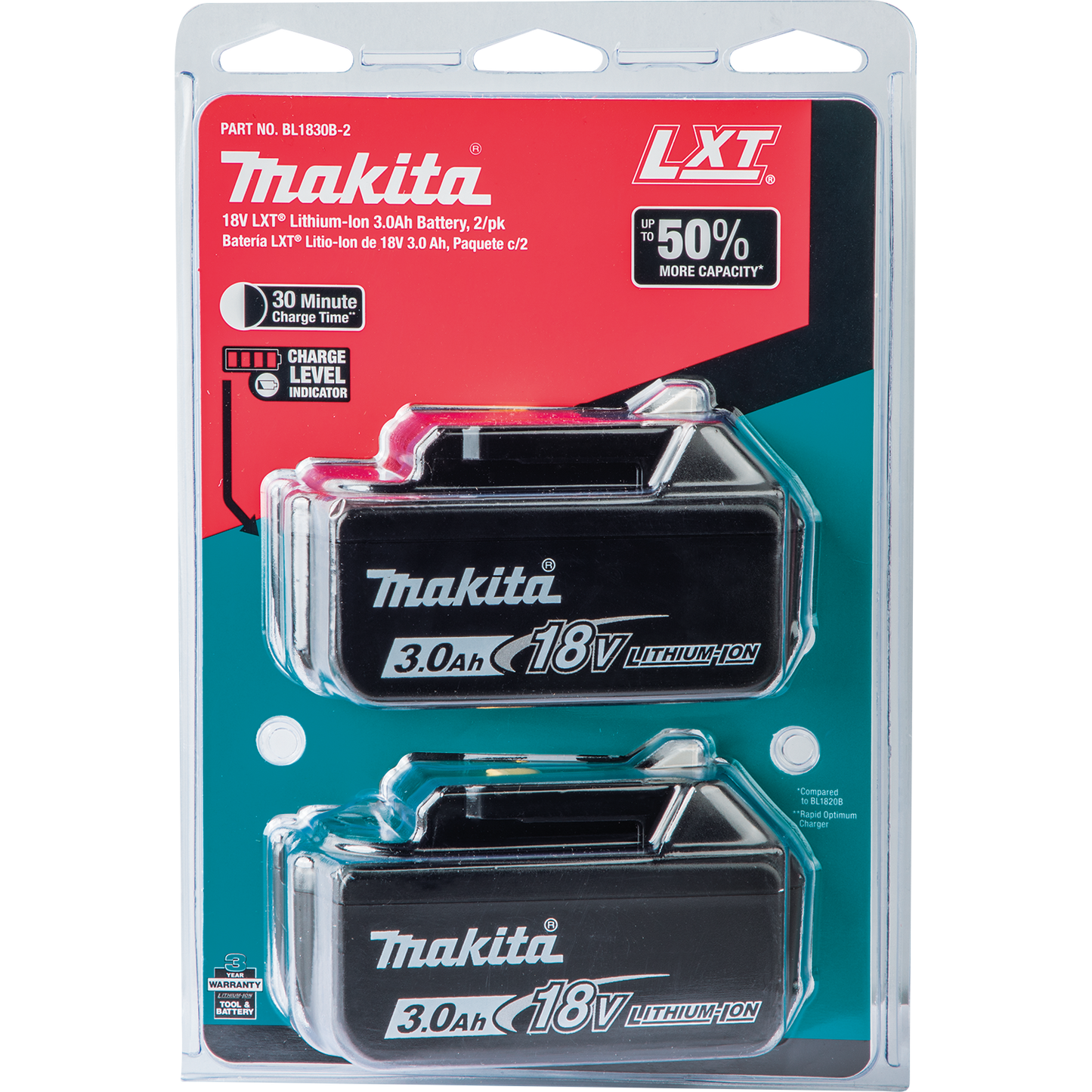 Makita BL1830B-2 18V LXT® Lithium‑Ion 3.0Ah Battery, 2/pk