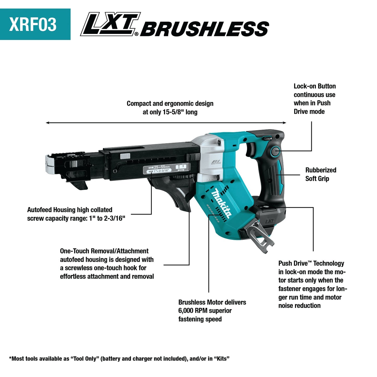 Makita XRF03Z 18V LXT® Lithium‑Ion Brushless Cordless 6,000 RPM Autofeed Screwdriver, Tool Only