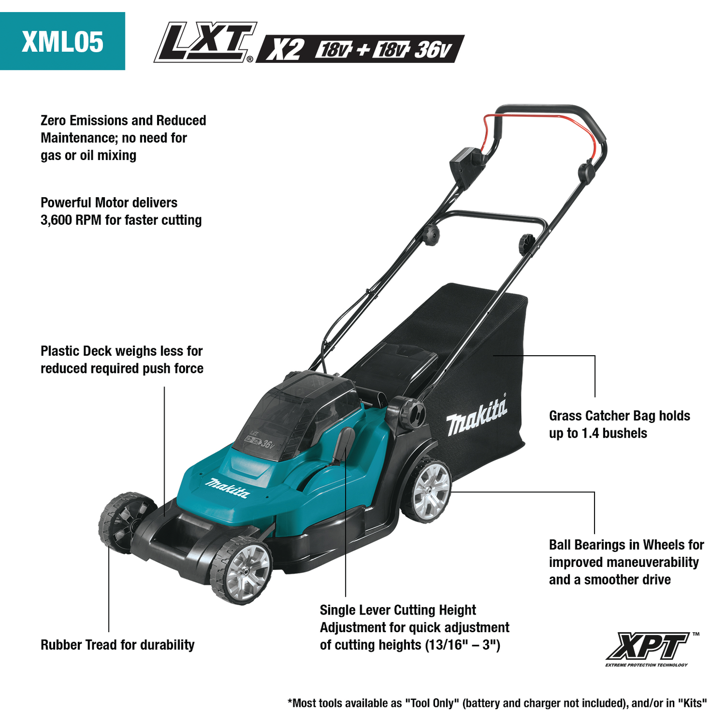 Makita XML05Z 36V (18V X2) LXT® 17" Residential Lawn Mower, Tool Only