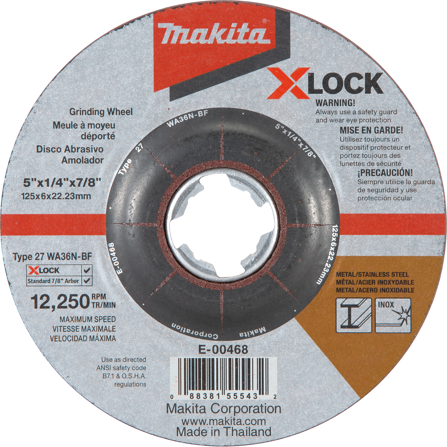 Makita E-00468 X‑LOCK 5" x 1/4" x 7/8" Type 27 General Purpose 36 Grit Abrasive Grinding Wheel for Metal & Stainless Steel Grinding
