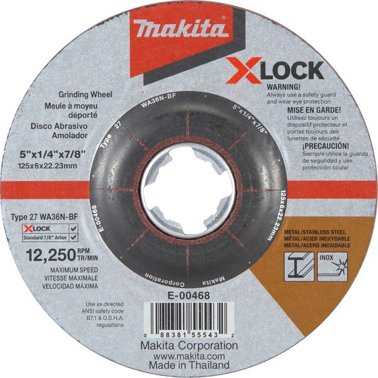 Makita E-00468 X‑LOCK 5" x 1/4" x 7/8" Type 27 General Purpose 36 Grit Abrasive Grinding Wheel for Metal & Stainless Steel Grinding