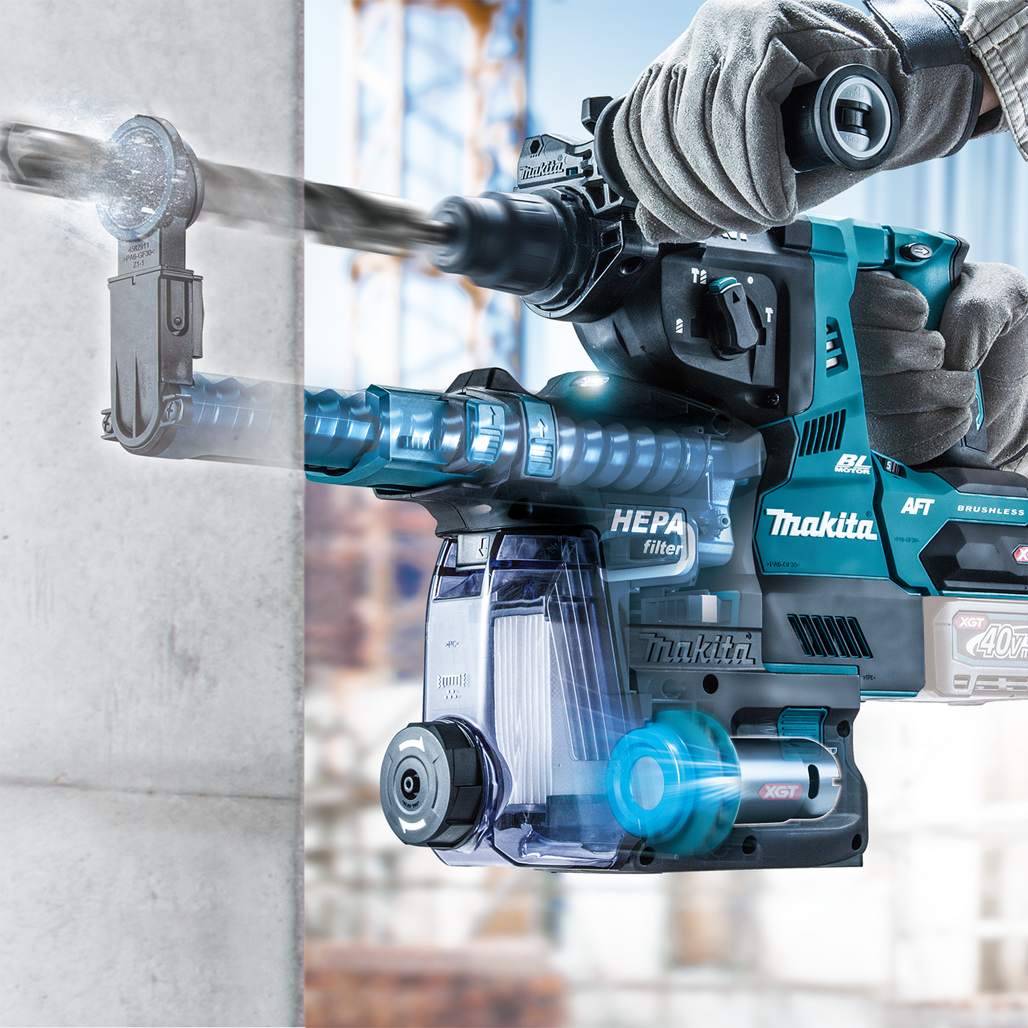 Makita GRH01ZW 40V max XGT® Brushless Cordless 1‑1/8" SDS‑PLUS AVT® Rotary Hammer w/ Dust Extractor, AFT®, AWS® Capable, Tool Only