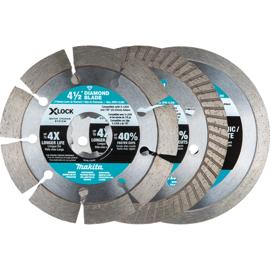 Makita E-12647 X‑LOCK 4‑1/2" Diamond Blade Variety Pack for Masonry Cutting, 3/pc