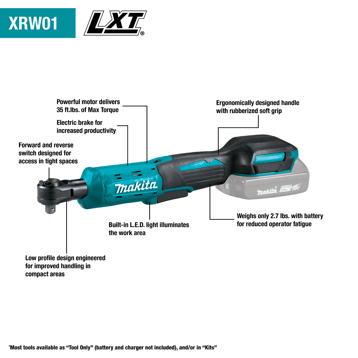 Makita XRW01Z 18V LXT® Lithium‑Ion Cordless 3/8" / 1/4" Sq. Drive Ratchet, Tool Only