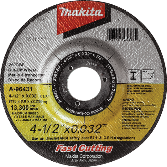 Makita A-96431 4‘1/2" x .032" x 7/8" Depressed Center Ultra Thin Cut‘Off Wheel, Stainless
