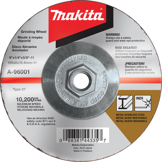 Makita A-96001 6" x 1/4" x 5/8‑11" Hubbed INOX Grinding Wheel, 36 Grit