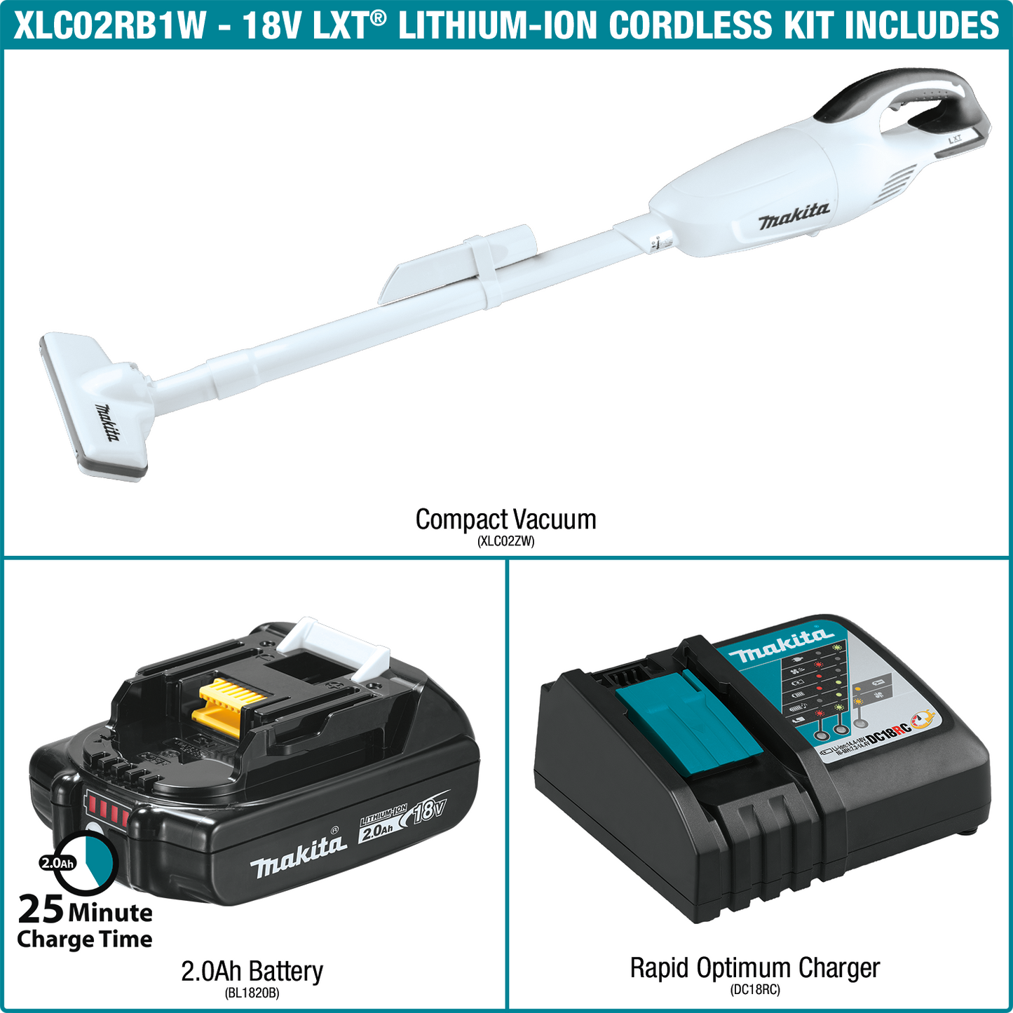 Makita XLC02RB1W 18V LXT® Lithium‑Ion Compact Cordless Vacuum Kit (2.0Ah)