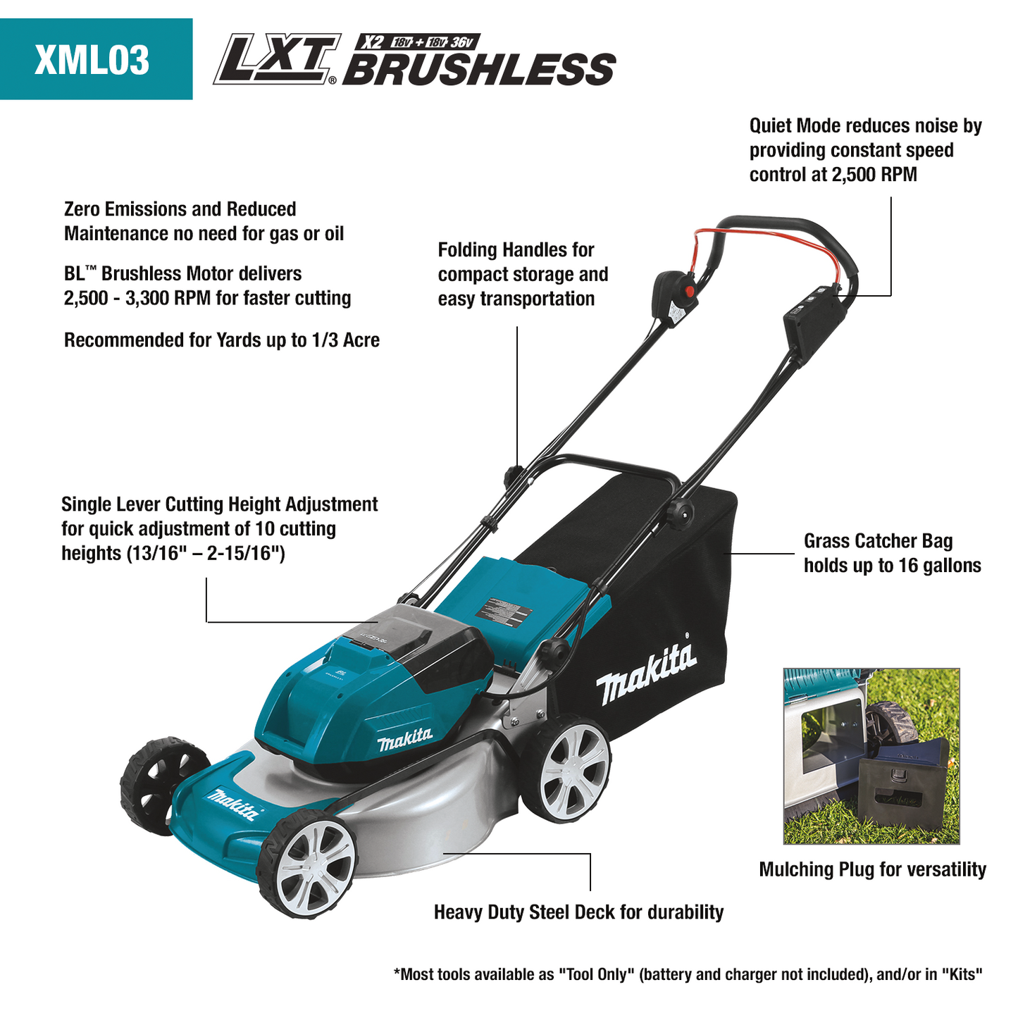 Makita XML03CM1 36V (18V X2) LXT® Brushless 18" Lawn Mower Kit with 4 Batteries (4.0Ah)