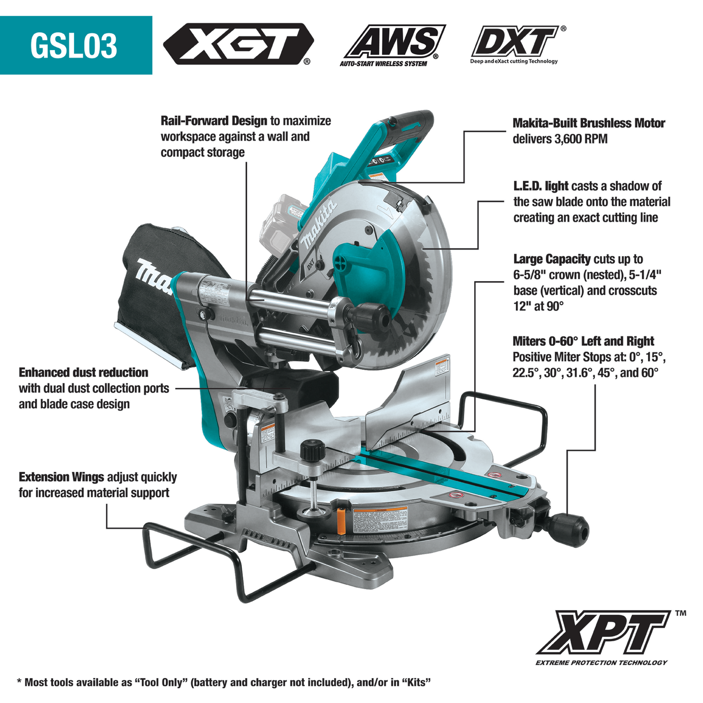 Makita GSL03M1 40V max XGT® Brushless Cordless 10" Dual‑Bevel Sliding Compound Miter Saw Kit, AWS® Capable (4.0Ah)