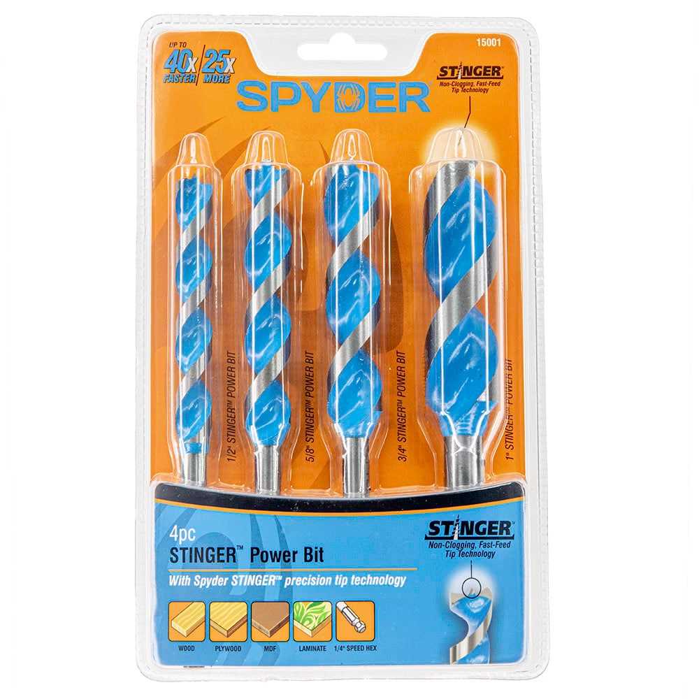 Spyder 15001 Spyder Stinger Power Bit 4-Piece X 6-1/2-In Woodboring Power Bit Drill Bit Set