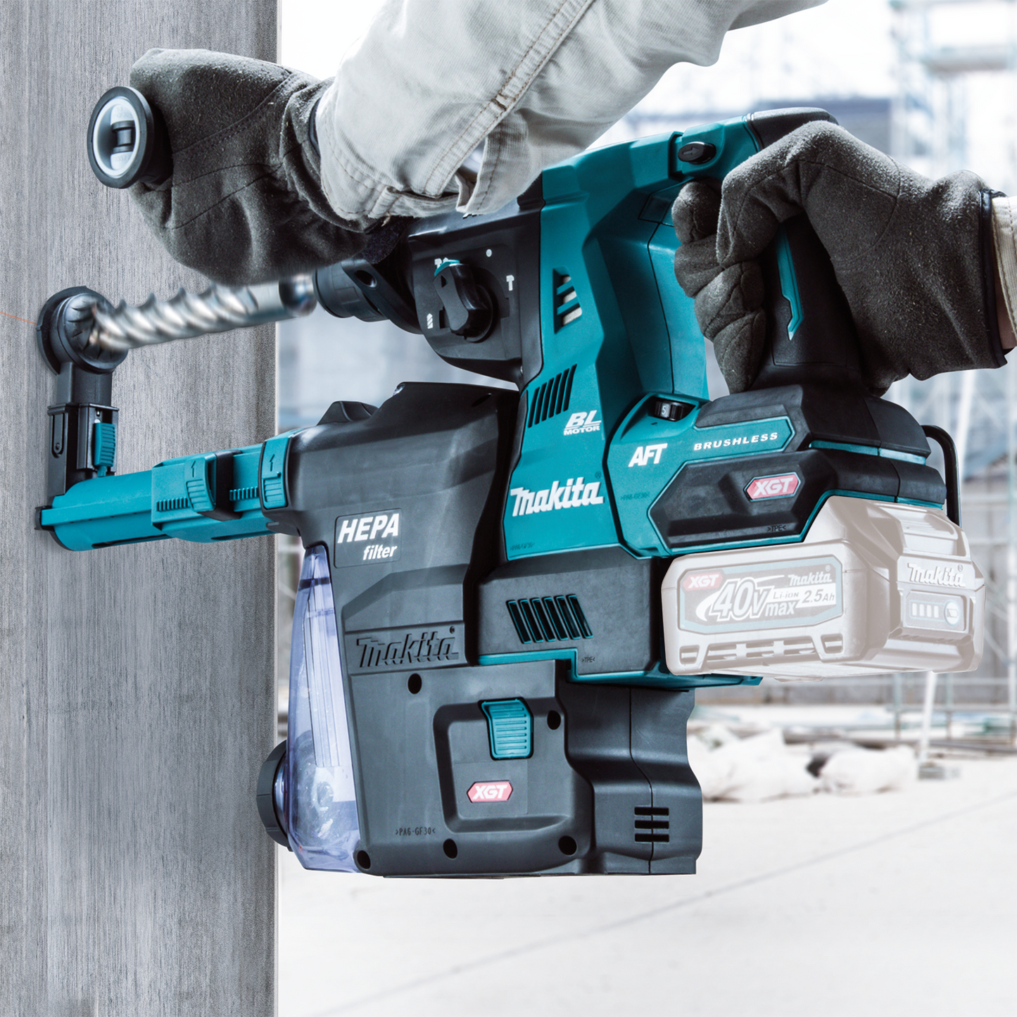 Makita GRH01ZW 40V max XGT® Brushless Cordless 1‑1/8" SDS‑PLUS AVT® Rotary Hammer w/ Dust Extractor, AFT®, AWS® Capable, Tool Only