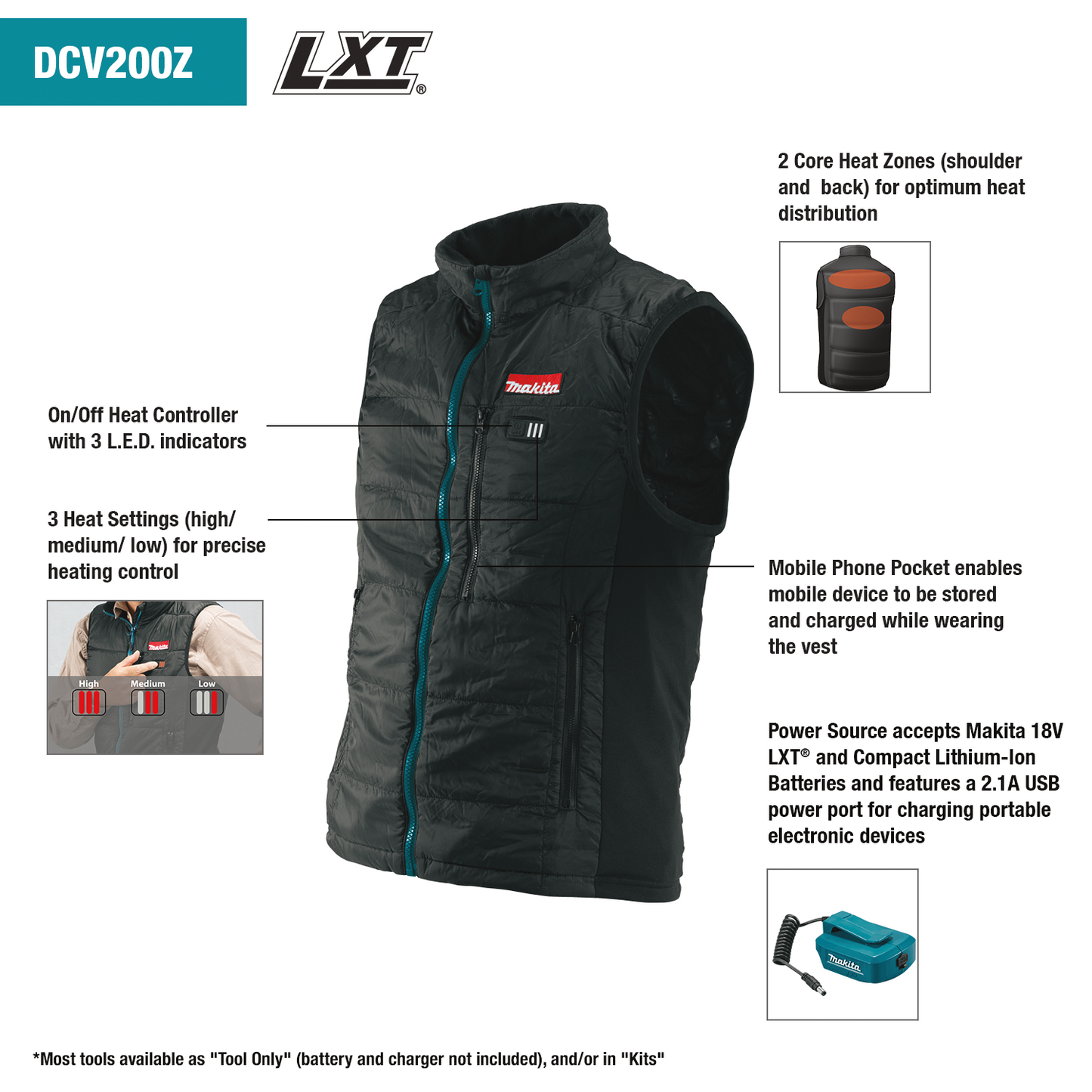 Makita DCV200ZXL 18V LXT® Lithium‑Ion Cordless Heated Vest, Vest Only (Black, XL)