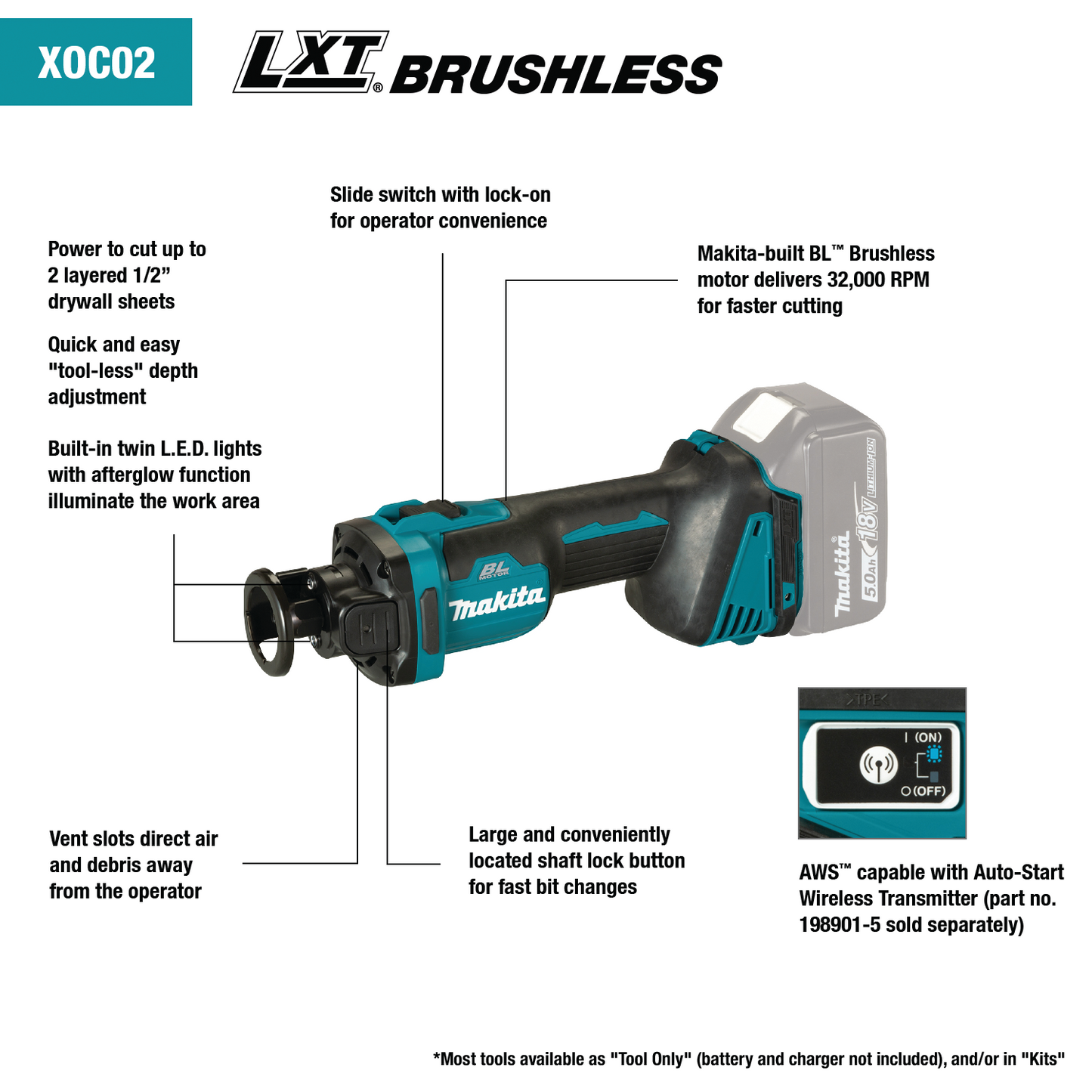 Makita XOC02Z 18V LXT® Lithium‑Ion Brushless Cordless Cut‑Out Tool, AWS® Capable, Tool Only