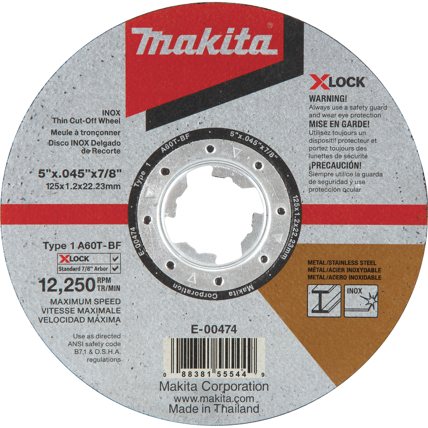 Makita E-00474 X‑LOCK 5" x .045" x 7/8" Type 1 General Purpose 60 Grit Thin Cut‑Off Wheel for Metal and Stainless Steel Cutting