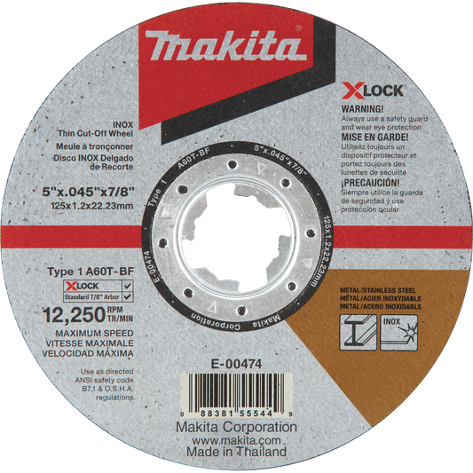 Makita E-00474 X‑LOCK 5" x .045" x 7/8" Type 1 General Purpose 60 Grit Thin Cut‑Off Wheel for Metal and Stainless Steel Cutting