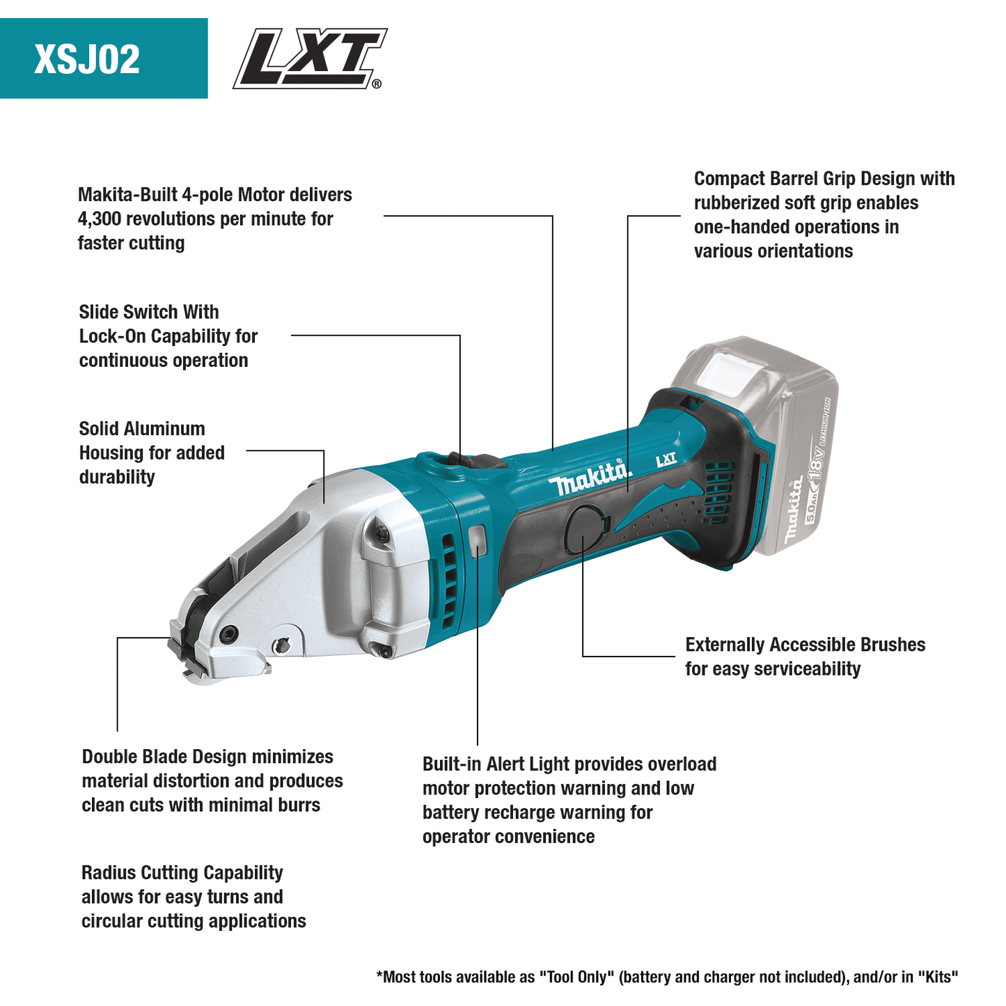 Makita XSJ02Z 18V LXT® Lithium‑Ion Cordless 16 Gauge Compact Straight Shear, Tool Only