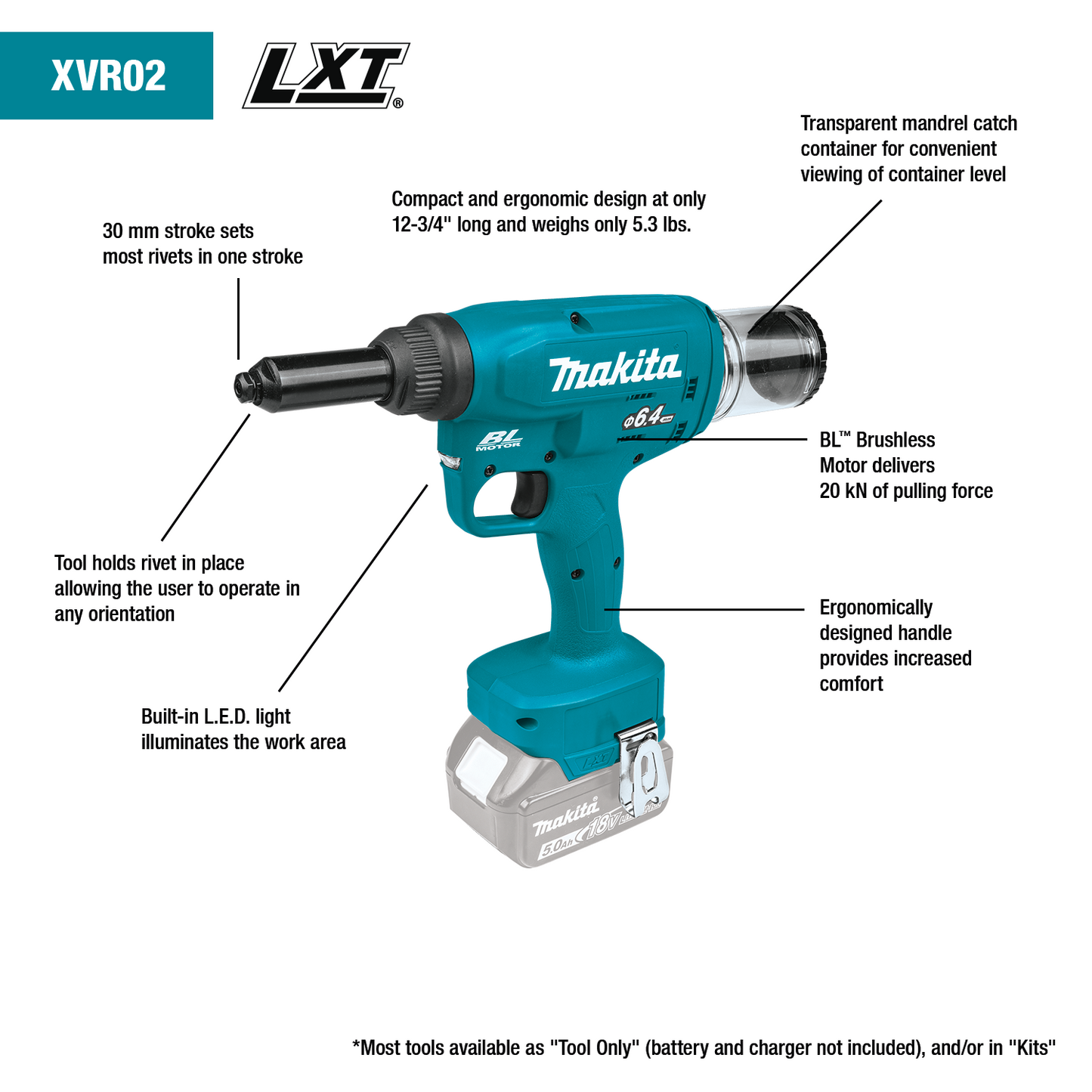 Makita XVR02Z 18V LXT® Lithium‑Ion Brushless Cordless Rivet Tool, Tool Only