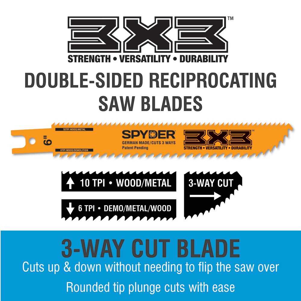 Spyder 200176 Spyder 3X3 Double-Sided Bi-Metal 6-In 6/10-Tpi Wood/Metal Cutting Demolition Reciprocating Saw Blade