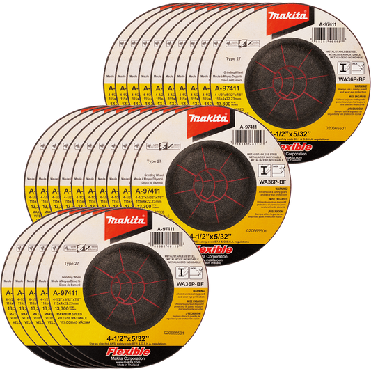 Makita A-97411-25 4‑1/2" x 5/32" x 7/8" INOX Flex Grinding Wheel, 36 Grit, 25/pk