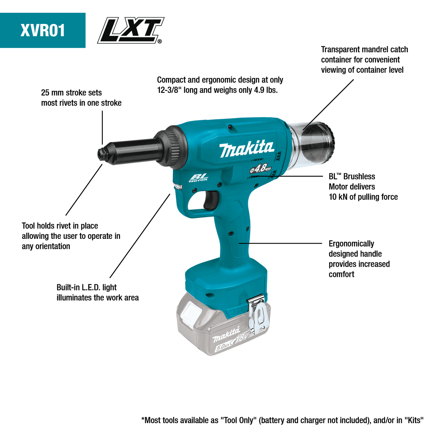 Makita XVR01Z 18V LXT® Lithium‑Ion Brushless Cordless Rivet Tool, Tool Only