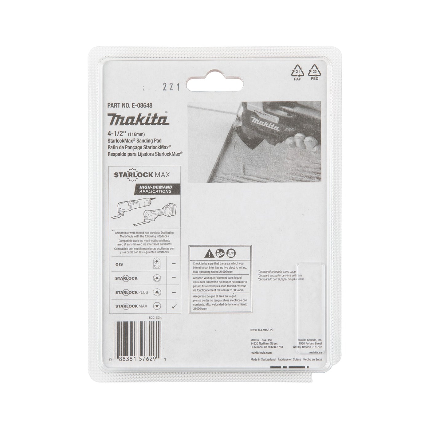 Makita E-08648 StarlockMax® Oscillating Multi‑Tool 4‑1/2" Tungsten Carbide 40 Grit Delta Triangle Sanding Pad